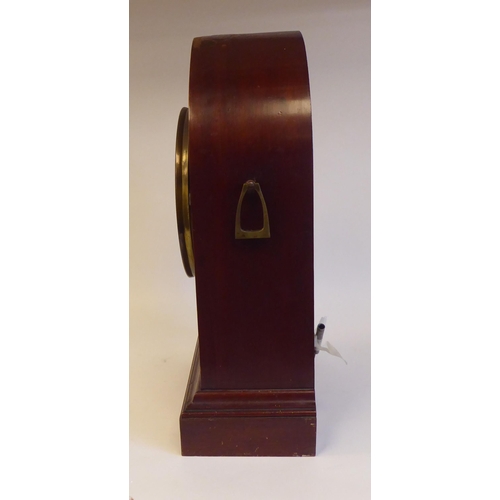 8 - An Edwardian mahogany, satinwood string inlaid and marquetry cased mantel clock with a lancet top an... 