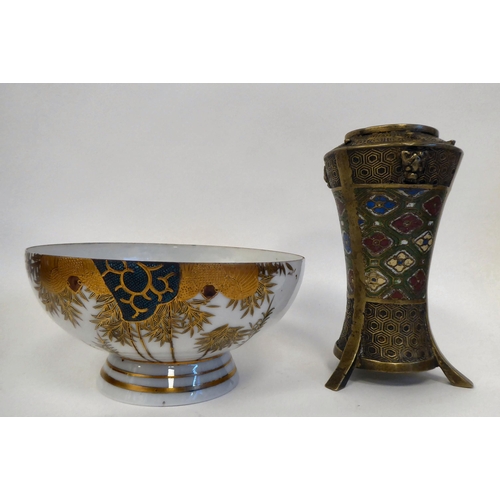 80 - Oriental ware, viz. a brass and cloisonné vase of tapered and waisted form  6