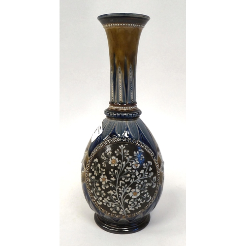 85 - A Doulton Lambeth stoneware bottle vase of ovoid form with a long, narrow neck and flared rim, decor... 