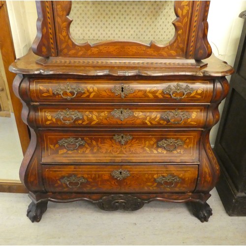 89 - A 19thC, possibly Dutch, floral marquetry, two-part, bombe front chest, surmounted by a carved crest... 