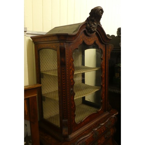 89 - A 19thC, possibly Dutch, floral marquetry, two-part, bombe front chest, surmounted by a carved crest... 