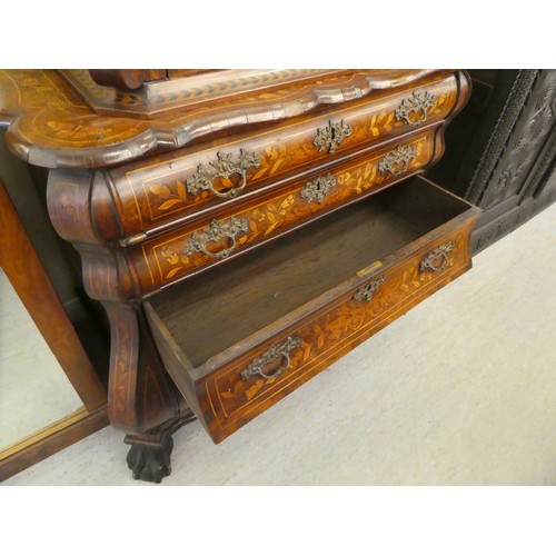 89 - A 19thC, possibly Dutch, floral marquetry, two-part, bombe front chest, surmounted by a carved crest... 