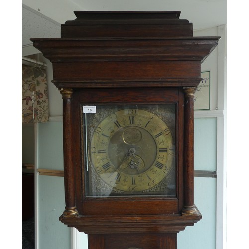 16 - An 18thC oak longcase clock with a pagoda top, over a square window and straight trunk, incorporatin... 