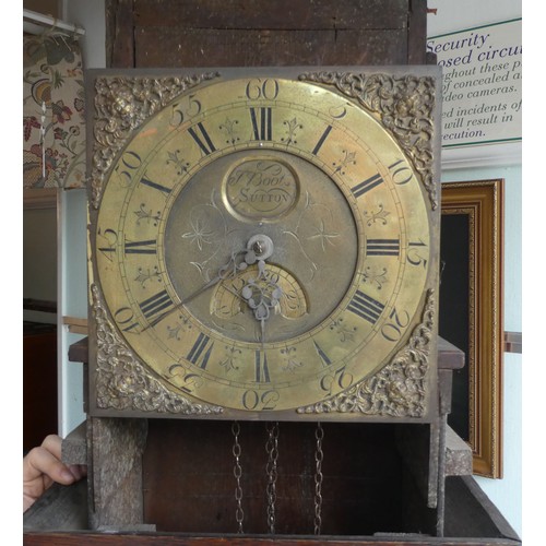 16 - An 18thC oak longcase clock with a pagoda top, over a square window and straight trunk, incorporatin... 