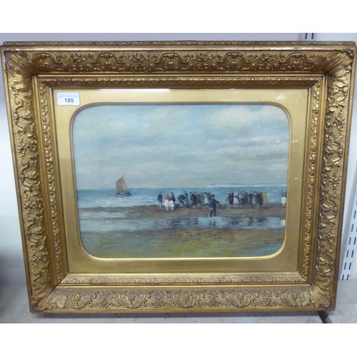 105 - D James - a shoreline scene with a group of figures at low tide  oil on canvas  bears a signature  1... 