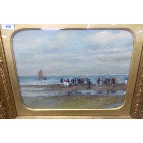 105 - D James - a shoreline scene with a group of figures at low tide  oil on canvas  bears a signature  1... 