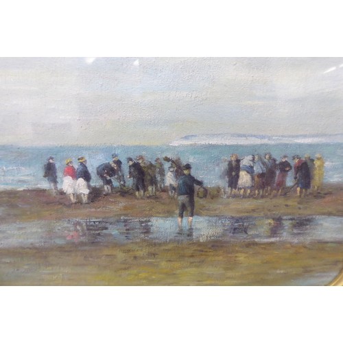 105 - D James - a shoreline scene with a group of figures at low tide  oil on canvas  bears a signature  1... 