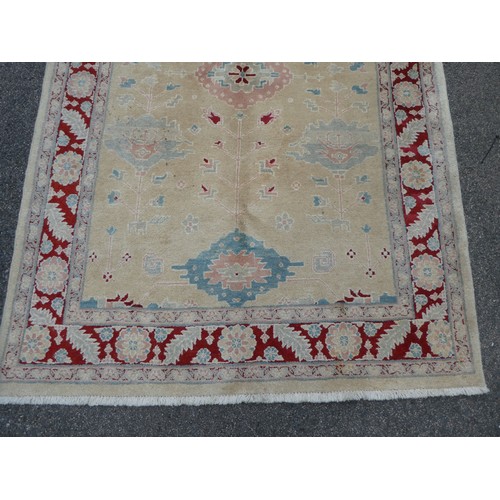 293 - A Persian rug, decorated with repeating floral and other stylised designs, on a cream coloured groun... 