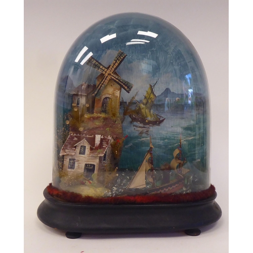 297 - A late 19thC automaton, featuring a ship on the ocean, beside cottages and a windmill, under an oval... 