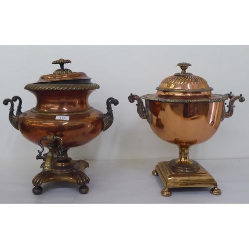 100 - Two similar 19thC brass and copper samovars, each having a cover and twin handles with a horizontal ... 