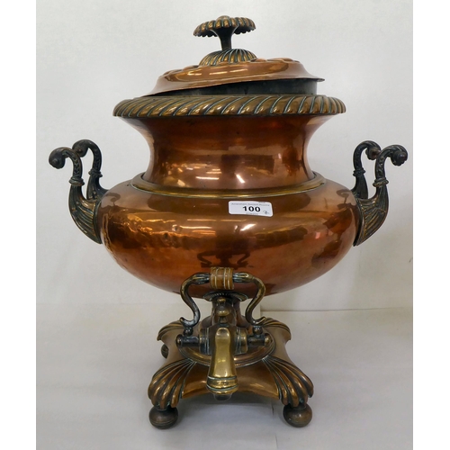 100 - Two similar 19thC brass and copper samovars, each having a cover and twin handles with a horizontal ... 