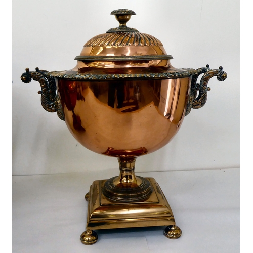 100 - Two similar 19thC brass and copper samovars, each having a cover and twin handles with a horizontal ... 