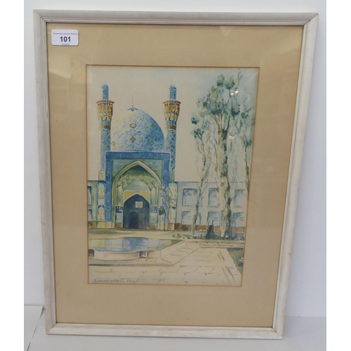 101 - A Nahapetian - the exterior of an Islamic mosque in Isfahan  watercolour  bears a signature & da... 