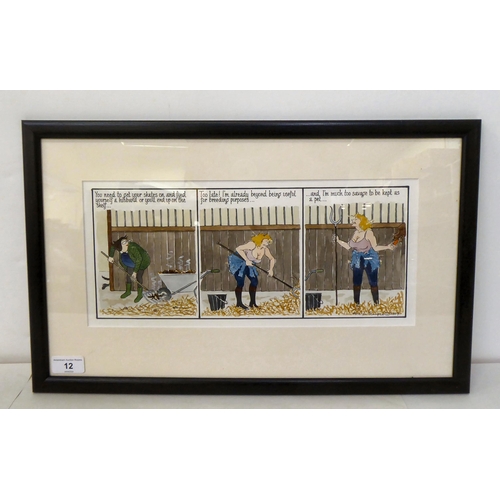 12 - Annie Tempest - a humorous scene in a stable, comic book style triptych  watercolour  bears a signat... 