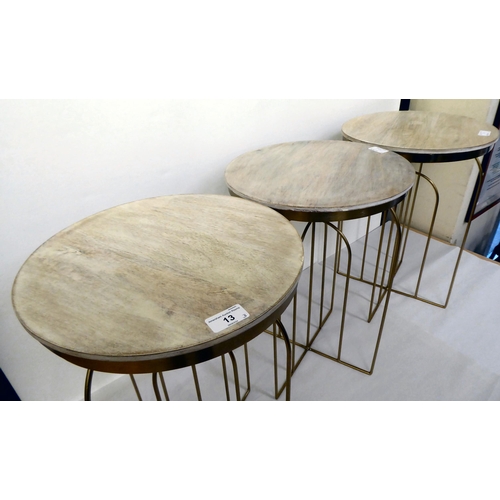 13 - Three modern limed wooden top stools, on gilded wire underframes  19