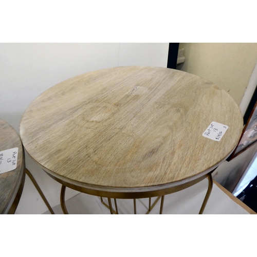 13 - Three modern limed wooden top stools, on gilded wire underframes  19