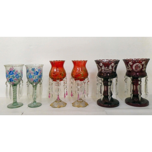 131 - Victorian and later glass lustre vases: to include a pair of ruby coloured example with facet drops ... 