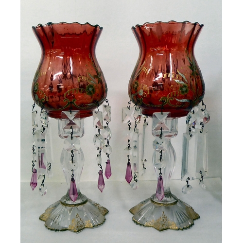 131 - Victorian and later glass lustre vases: to include a pair of ruby coloured example with facet drops ... 