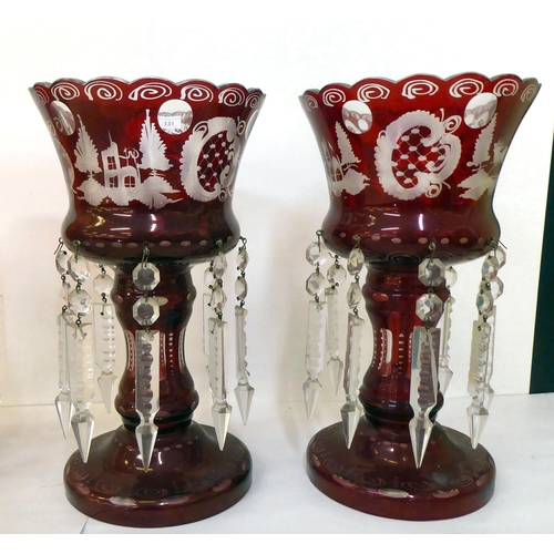 131 - Victorian and later glass lustre vases: to include a pair of ruby coloured example with facet drops ... 