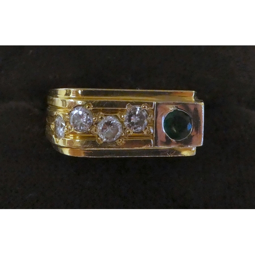 146 - A 14ct gold ring, rubover set with diamonds and an emerald 