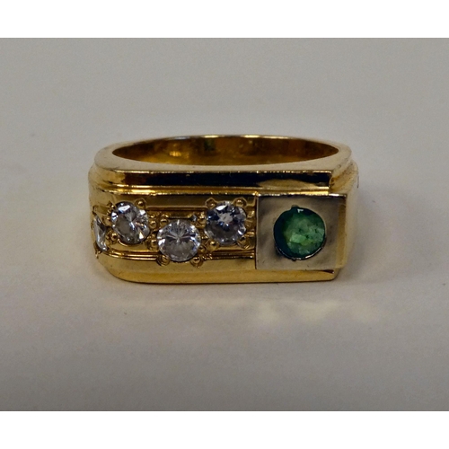 146 - A 14ct gold ring, rubover set with diamonds and an emerald 