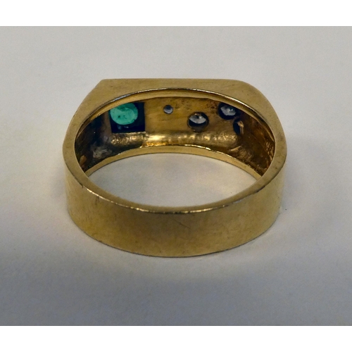 146 - A 14ct gold ring, rubover set with diamonds and an emerald 