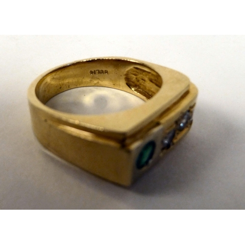 146 - A 14ct gold ring, rubover set with diamonds and an emerald 