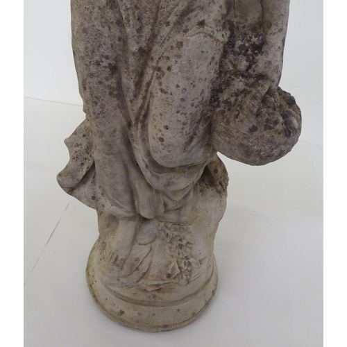 18 - A composition stone terrace figure, a woman carrying baskets, on a circular plinth  28