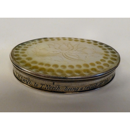 2 - A silver coloured metal oval patch box, set with an engraved mother-of-pearl tablet and around the r... 