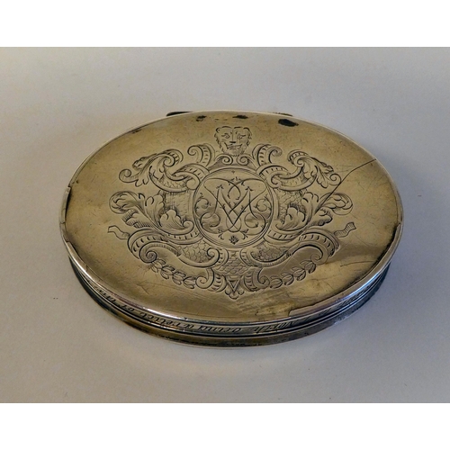 2 - A silver coloured metal oval patch box, set with an engraved mother-of-pearl tablet and around the r... 