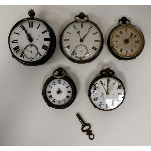 23 - Five various silver cased fob/pocket watches, each faced by a Roman dial 