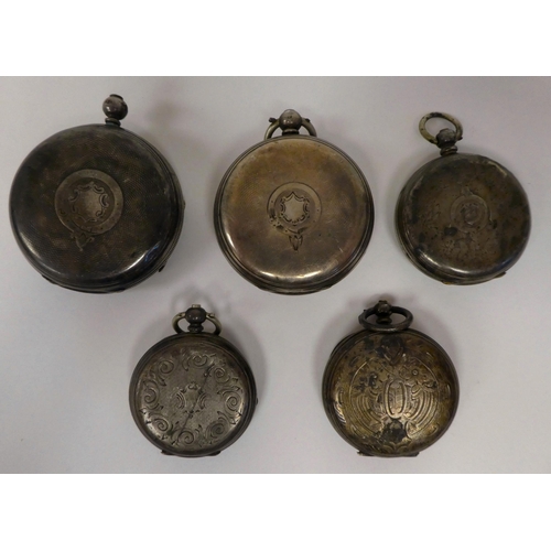 23 - Five various silver cased fob/pocket watches, each faced by a Roman dial 