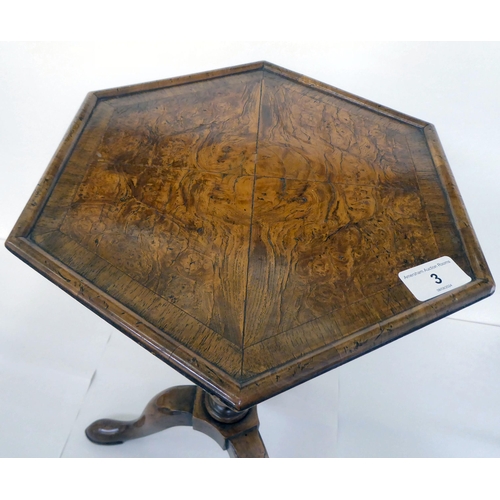 3 - A 19thC style walnut wine table with a quarter veneered hexagonal top, over a tapered column, raised... 