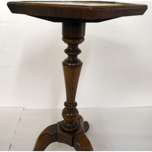 3 - A 19thC style walnut wine table with a quarter veneered hexagonal top, over a tapered column, raised... 