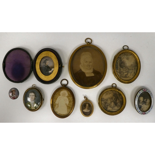 326 - Prints and portrait miniatures in enamelled and other oval frames 