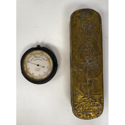 330 - An early/mid 19thC Dutch brass tobacco box; and J Hicks of London pocket barometer 