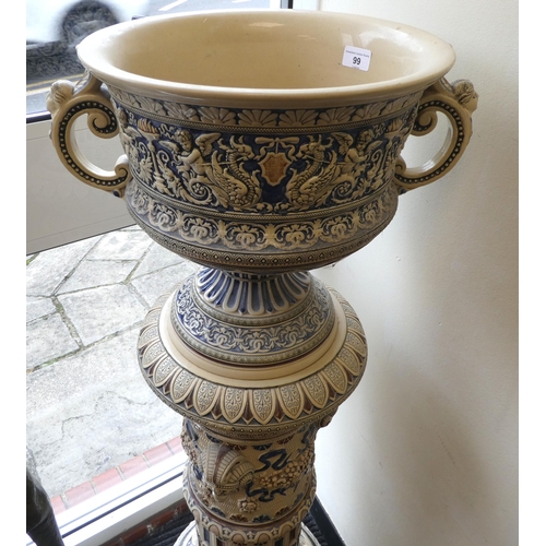 351 - A 19th/20thC Continental neo-classically inspired blue, brown and stone coloured, earthenware, twin ... 