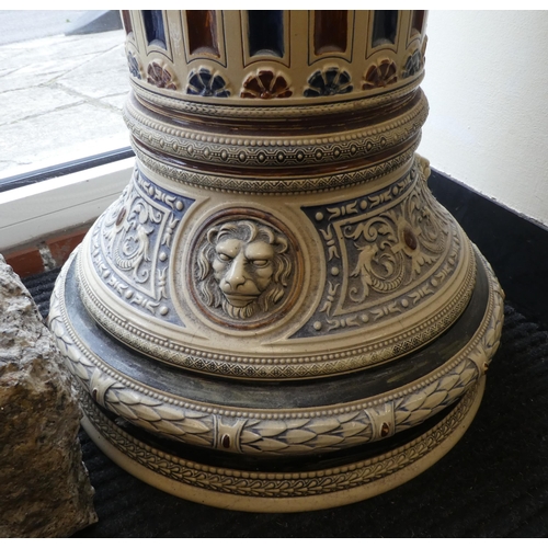 351 - A 19th/20thC Continental neo-classically inspired blue, brown and stone coloured, earthenware, twin ... 