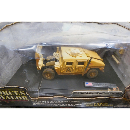 44 - Forces of Valor 1/32 scale diecast vehicles: to include a US M4A3 Sherman Tank; and a German Half Tr... 