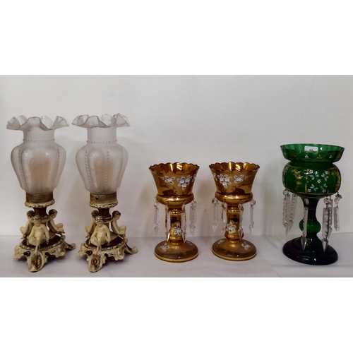 55 - A mixed lot: to include a late Victorian green glass lustre with faceted pendants  12