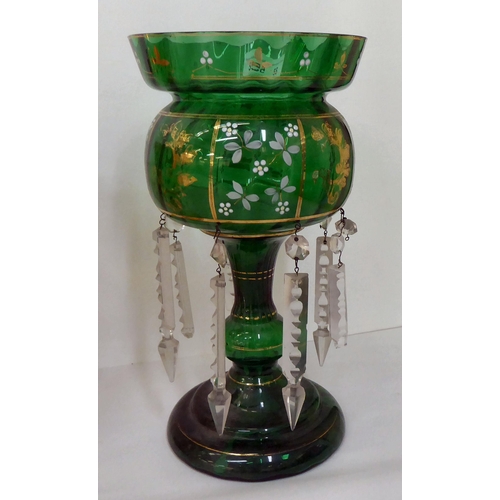 55 - A mixed lot: to include a late Victorian green glass lustre with faceted pendants  12