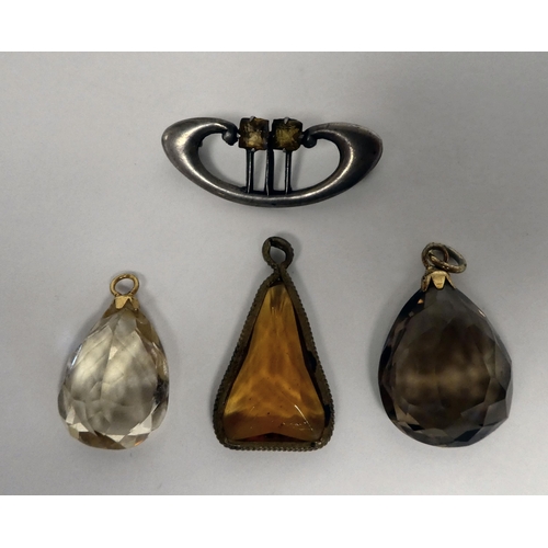 67 - A Charles Horner silver brooch; three similar coloured stone set pendants; a 9ct gold, claw set opal... 