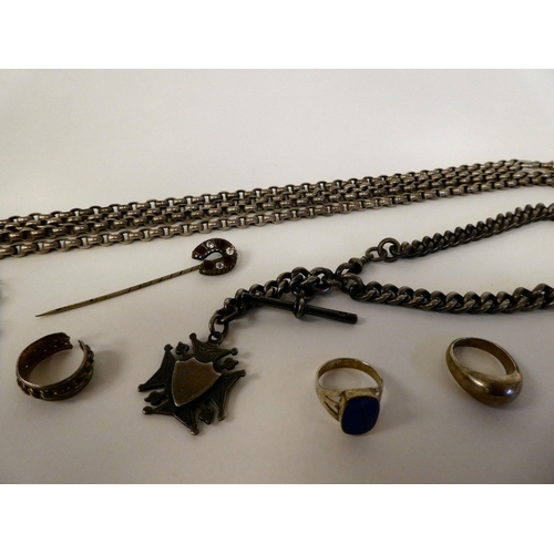 77 - Silver, white metal and other jewellery: to include a curb link watch chain with T-bar and pendant&n... 