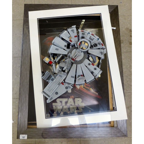 167 - A Lego Star Wars themed display, comprising seven characters and a millennium falcon in a deep set, ... 