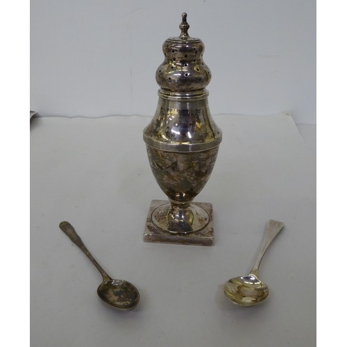 328 - A silver sugar caster and two silver teaspoons  mixed marks