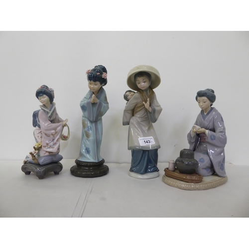 143 - Four Lladro porcelain Oriental themed figures  all approx. 10