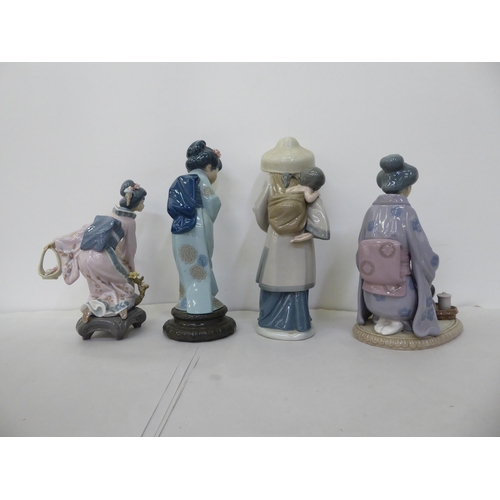 143 - Four Lladro porcelain Oriental themed figures  all approx. 10