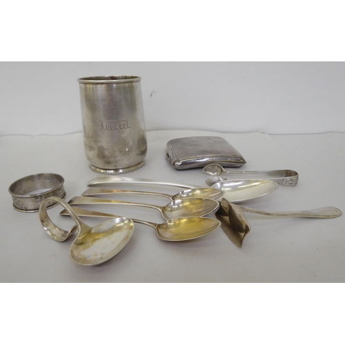 164 - Silver collectables: to include flatware; a mug; a cigarette case; and a spoon and pusher  mixe... 