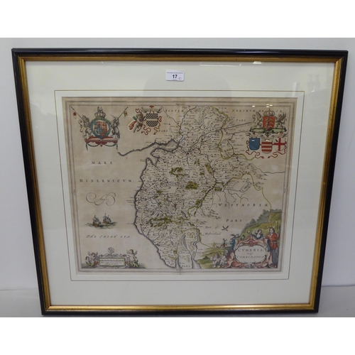 17 - A 17thC map of Cumbria with crests and title box  17