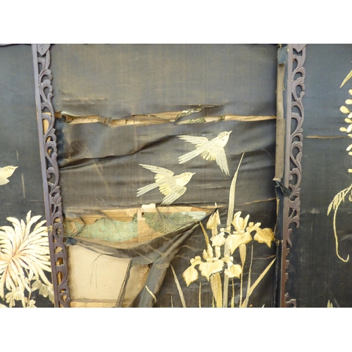 178 - An early 20thC fruitwood framed fourfold room screen with embroidered panels  each panel 66